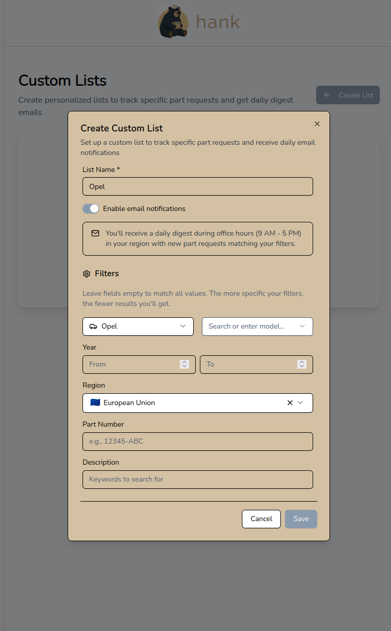 Create Custom List modal